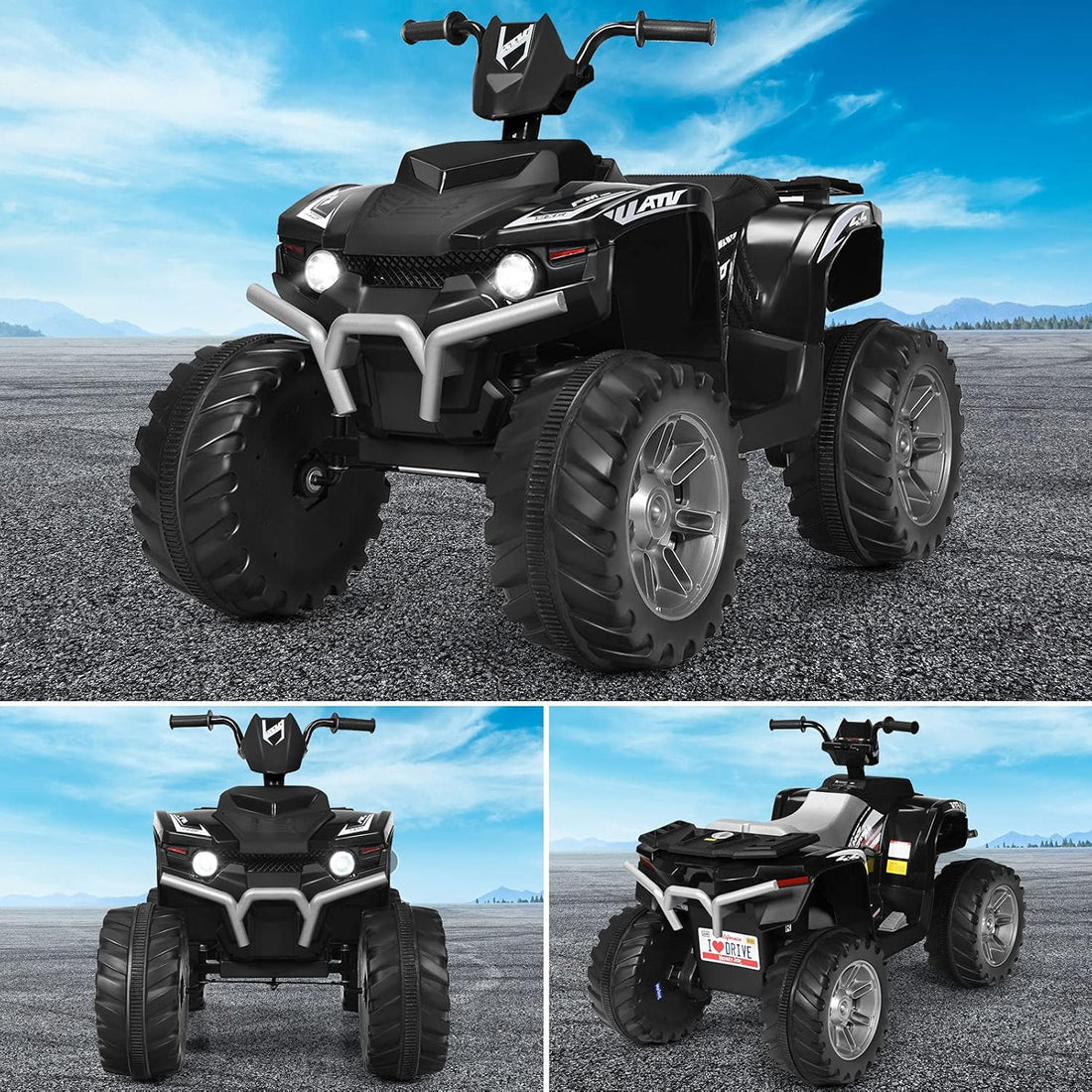 New 2024 Electric Quad Bike, Children Ride on ATV with Bluetooth, Lights, Music, Horn, High/Low Speeds and Slow Start, 12 V Battery Powered Toy Car for 3-7 Years Boys Girls (Black)