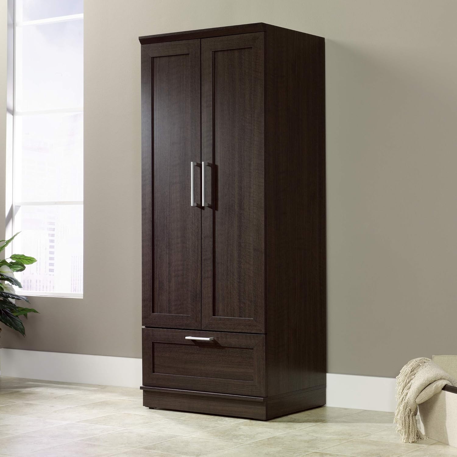 Dark wood wardrobe with two doors and a drawer in a room with a window and plant.