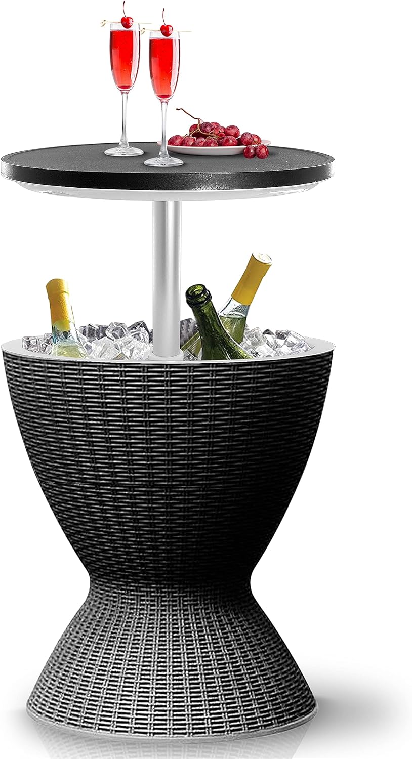 Outdoor Cool Bar Table, 7.5 Gallon Beer and Wine Cooler, Patio Furniture & Hot Tub Side Table, Beverage Cooler, All-Weather Resistant Ice Cool Bar, Rattan Style Patio, Cocktail Bar (Black)
