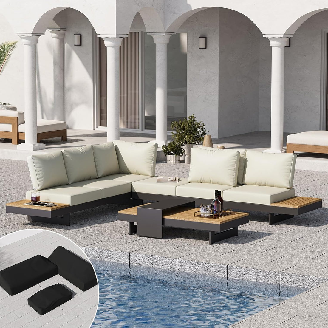 Modular Outdoor Conversation Set with Fire Pit – Aluminum & Teak Patio Sofa Set
