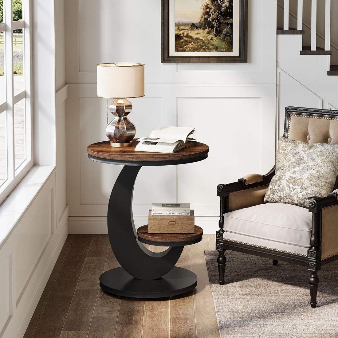 Modern Sofa Side & Bedside Table - Round End Table with 2-Tier Storage Shelf