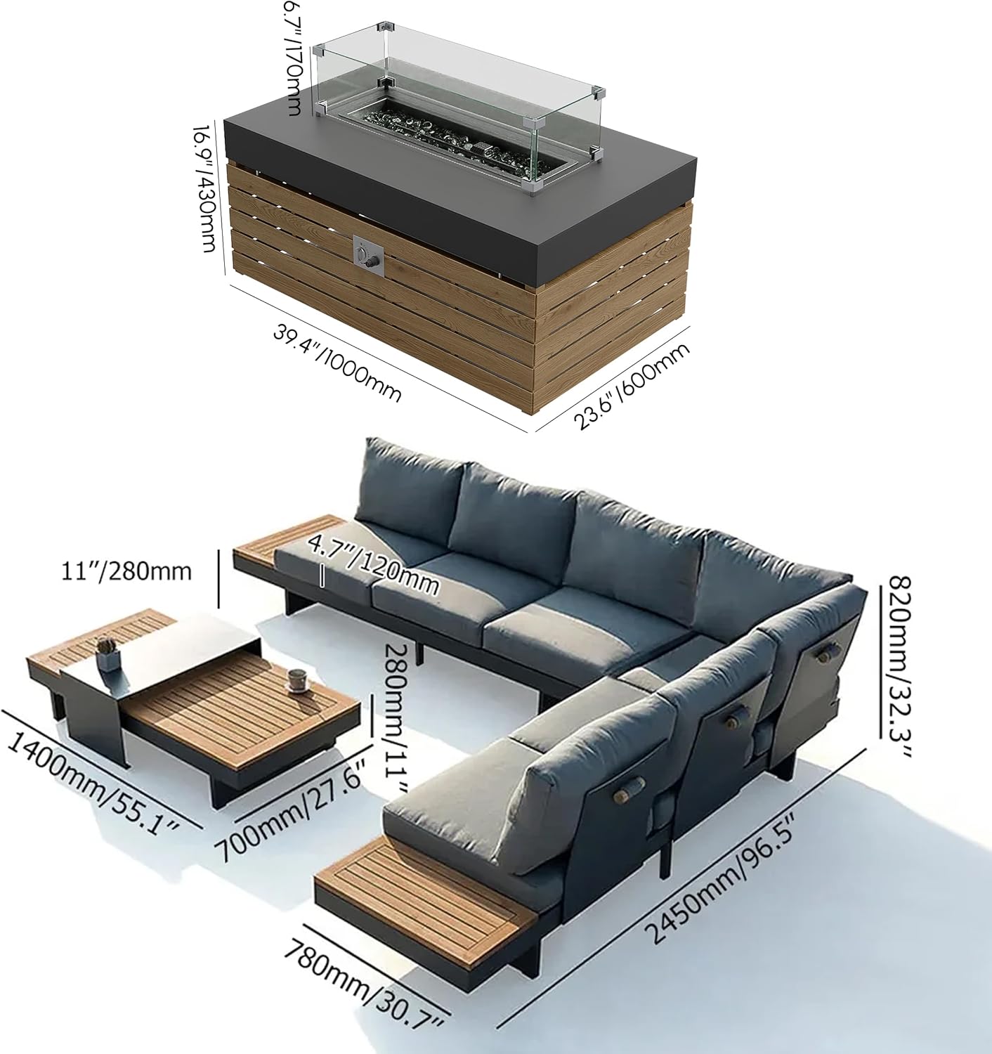 Modular Outdoor Conversation Set with Fire Pit – Aluminum & Teak Patio Sofa Set