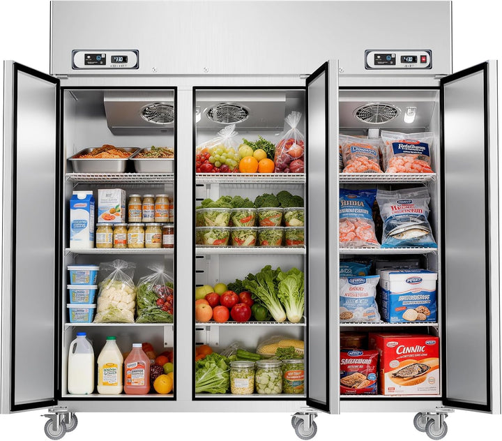 A large commercial three-door walk-in refrigerator with stainless steel interior and doors, shown open and stocked with food items, beverages, and packaged goods. The unit has caster wheels at the bottom and control panels near the top of each door.
