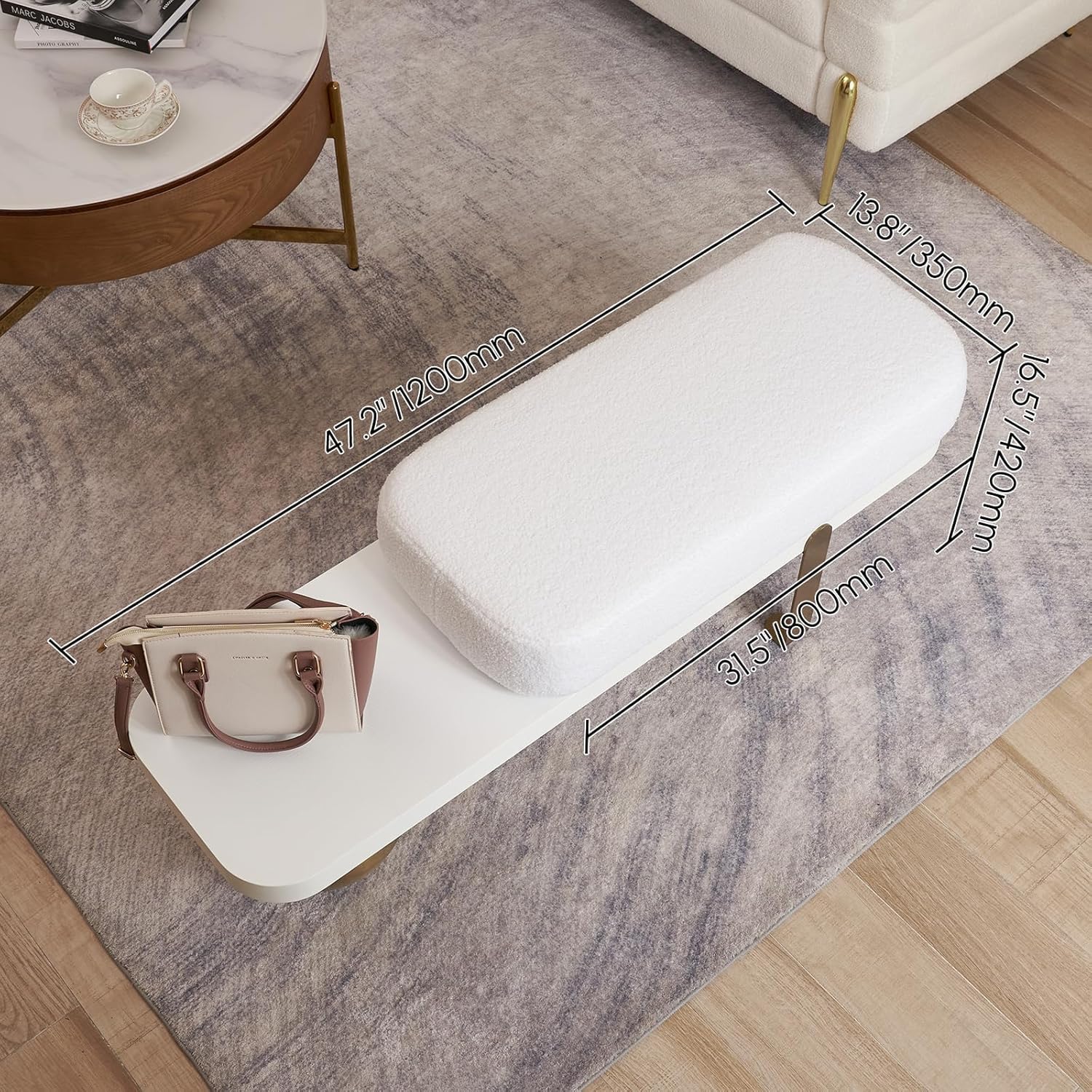 Modern Wooden Bouclé Upholstered Bench – Abstract Metal Leg with Lambswool Cushion