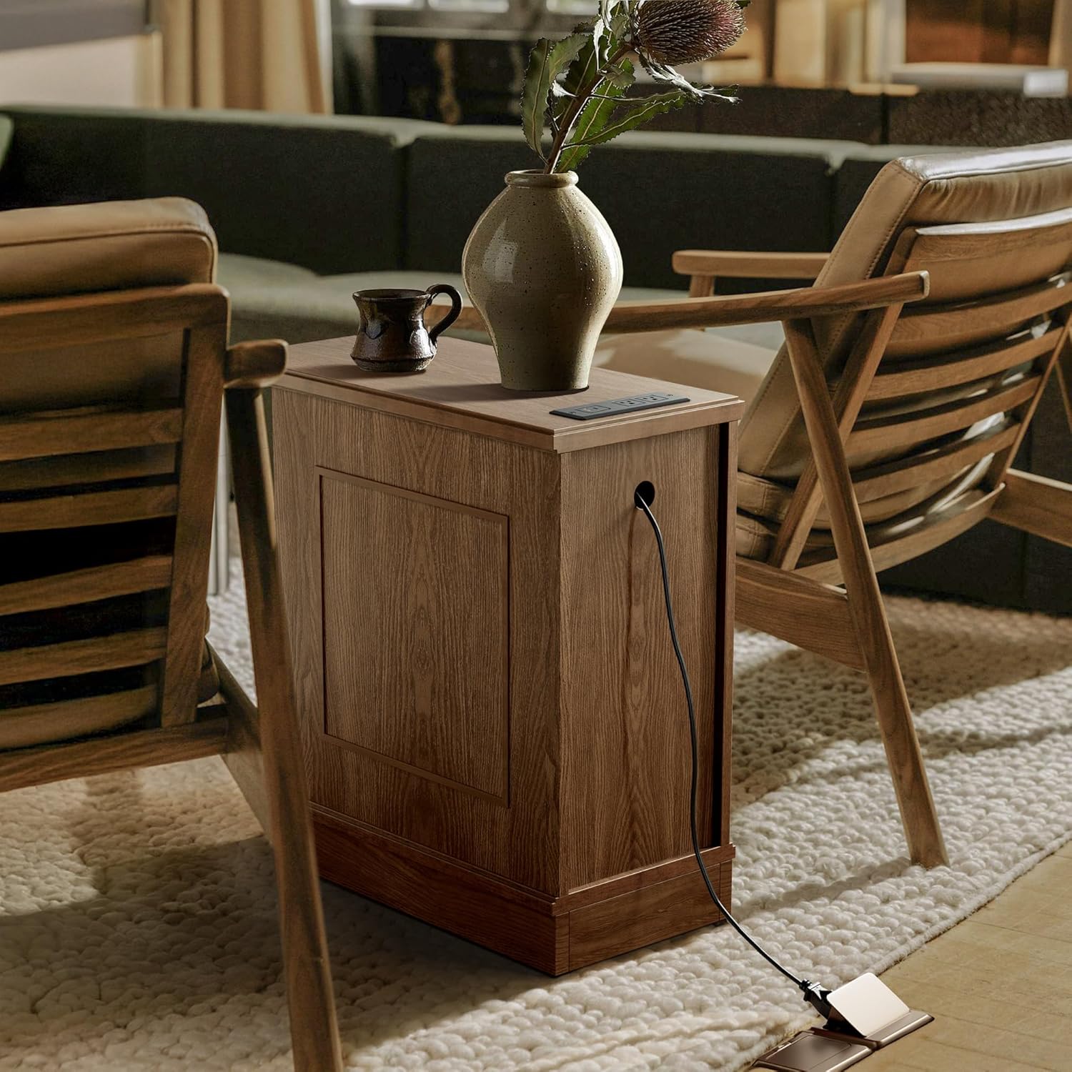 Vintage Nightstand with Charging Station, Vintage Wood End Table with 3 Drawer