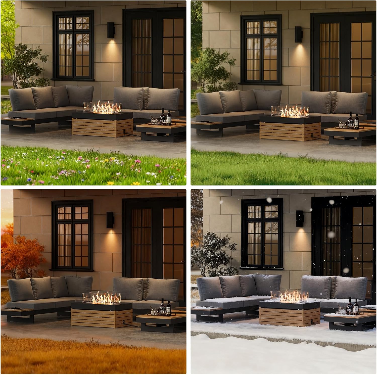 Modular Outdoor Conversation Set with Fire Pit – Aluminum & Teak Patio Sofa Set