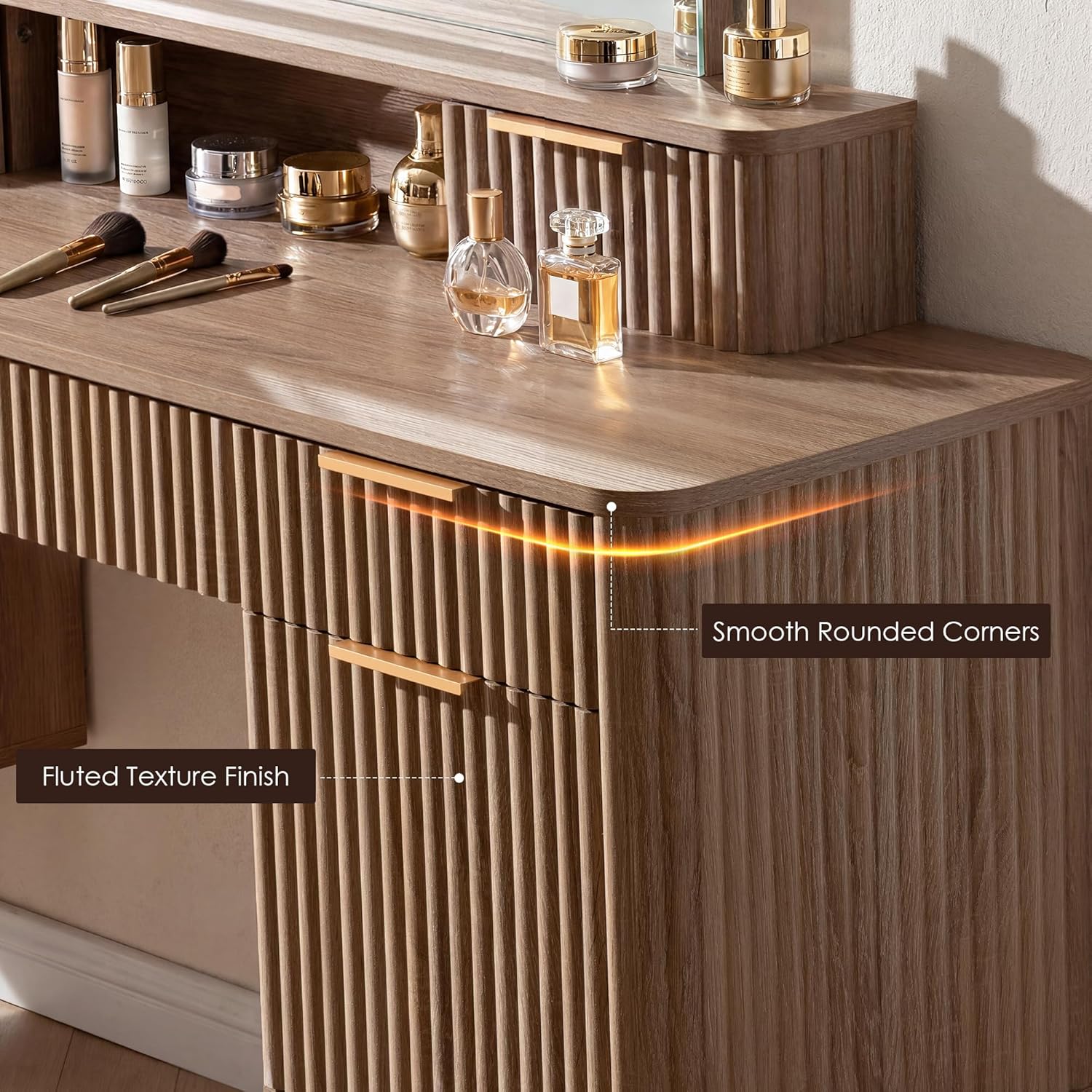 Wooden vanity with makeup brushes and bottles, highlighting fluted texture finish and smooth rounded corners.
