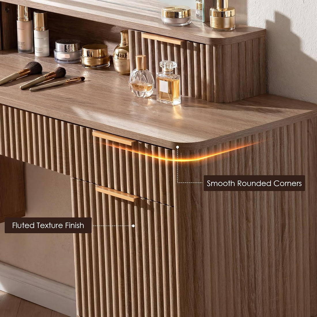 Wooden vanity with makeup brushes and bottles, highlighting fluted texture finish and smooth rounded corners.