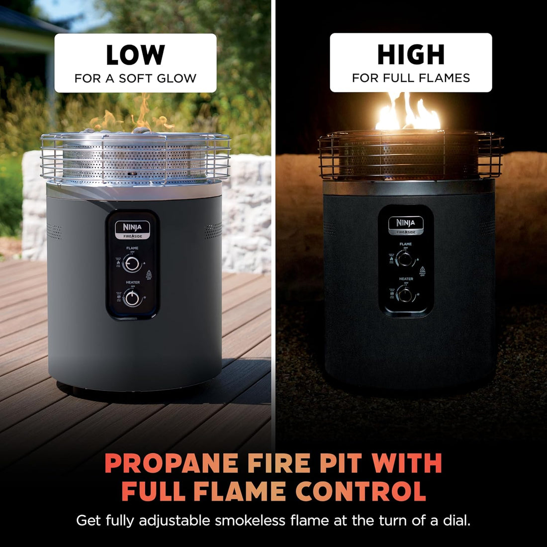 Fireside360™ Outdoor Heater & Fire Pit | 3 Modes: Flame, Heat, Flame & Heat | Portable for Patio, Deck, Camping | Easy Control Smokeless Flames | Push to Start Ignition | Charcoal | OF101AMZ