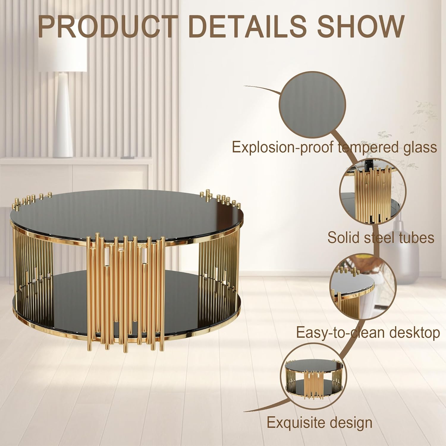 Lux Gold Stainless Steel Double-Layer Black living room Coffee Table