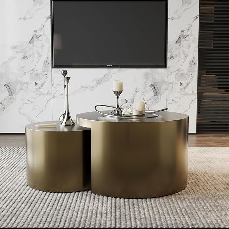 Italian Coffee Table Set – Gold-Brushed Textured 2-in-1 Brass Coffee Tables for Modern Living Room