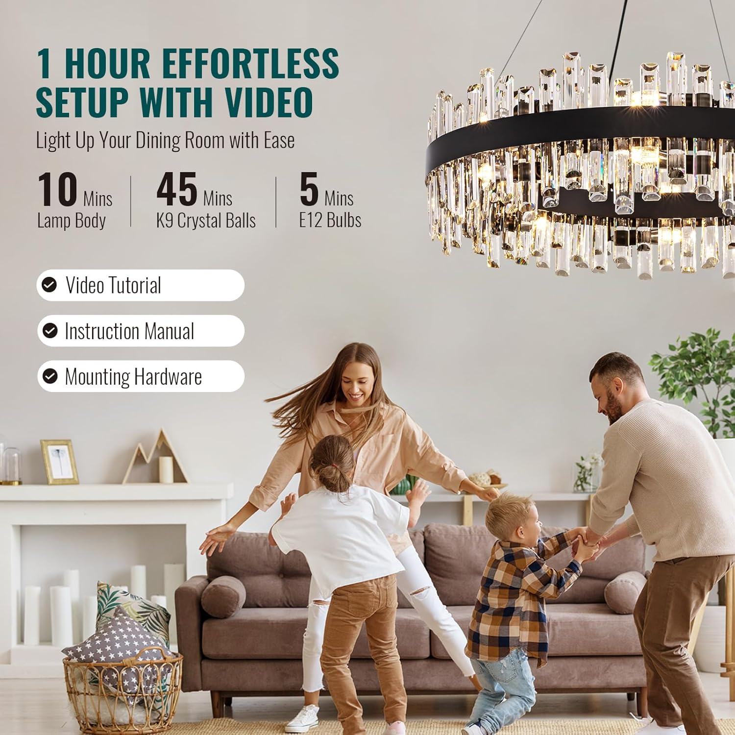 A modern circular chandelier with a black frame and clear crystal-like hanging elements is shown lit in a real dining room setting, with a sofa, people dancing, and promotional text about video setup and included accessories.