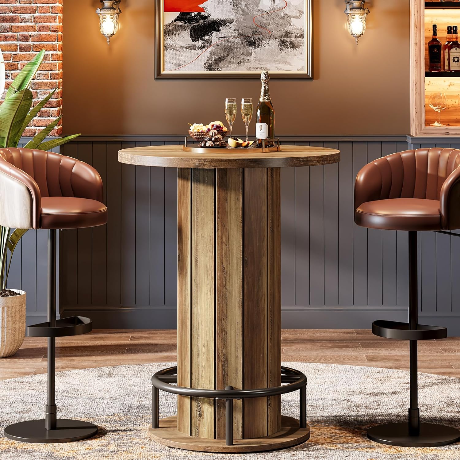 round Bar Table, 39.4" H Wood Bistro Pub Table with Metal Ring Footrest for Dining Coffee Cocktail Living Room, Small Space, Black (Only Table)