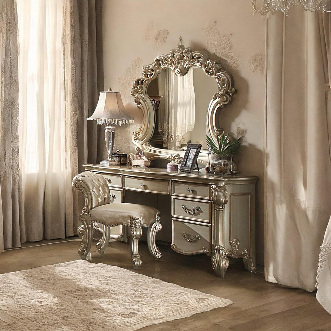 Royal Vanity Desk in Gold Patina & Bone – Luxury Dressing Table with Storage Drawers