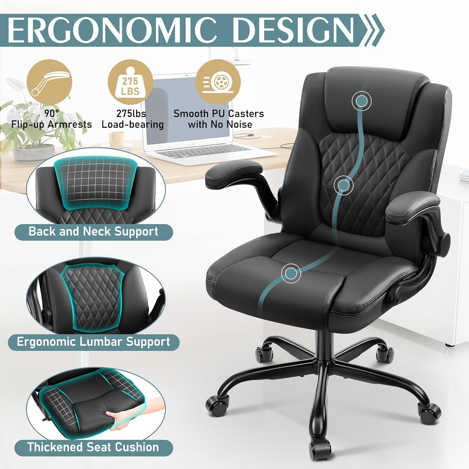 Modern Leather Office Gaming Chair with Ergonomic Back Support – Computer Desk Chair