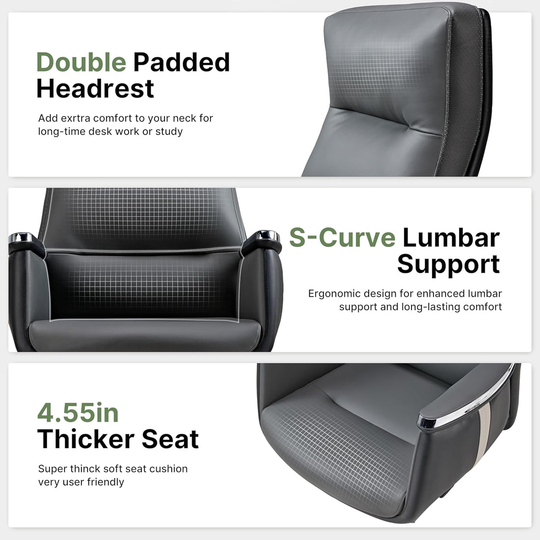 Ergonomic chair with double padded headrest, S-curve lumbar support, and thicker seat on a white background.