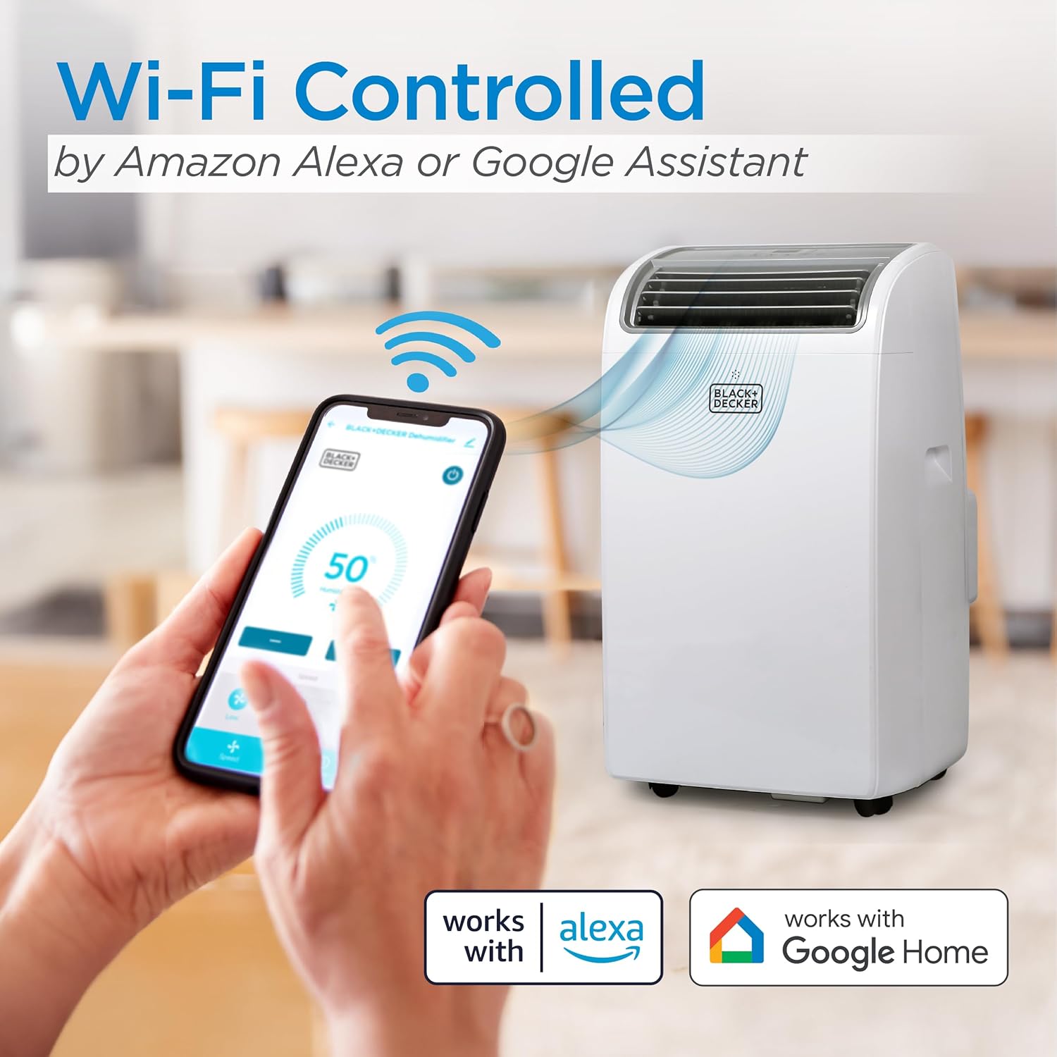 Wi-Fi controlled air conditioner with smartphone app interface and Alexa and Google Assistant logos.