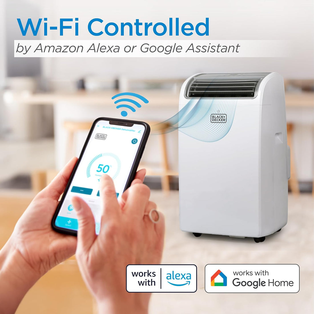 Wi-Fi controlled air conditioner with smartphone app interface and Alexa and Google Assistant logos.