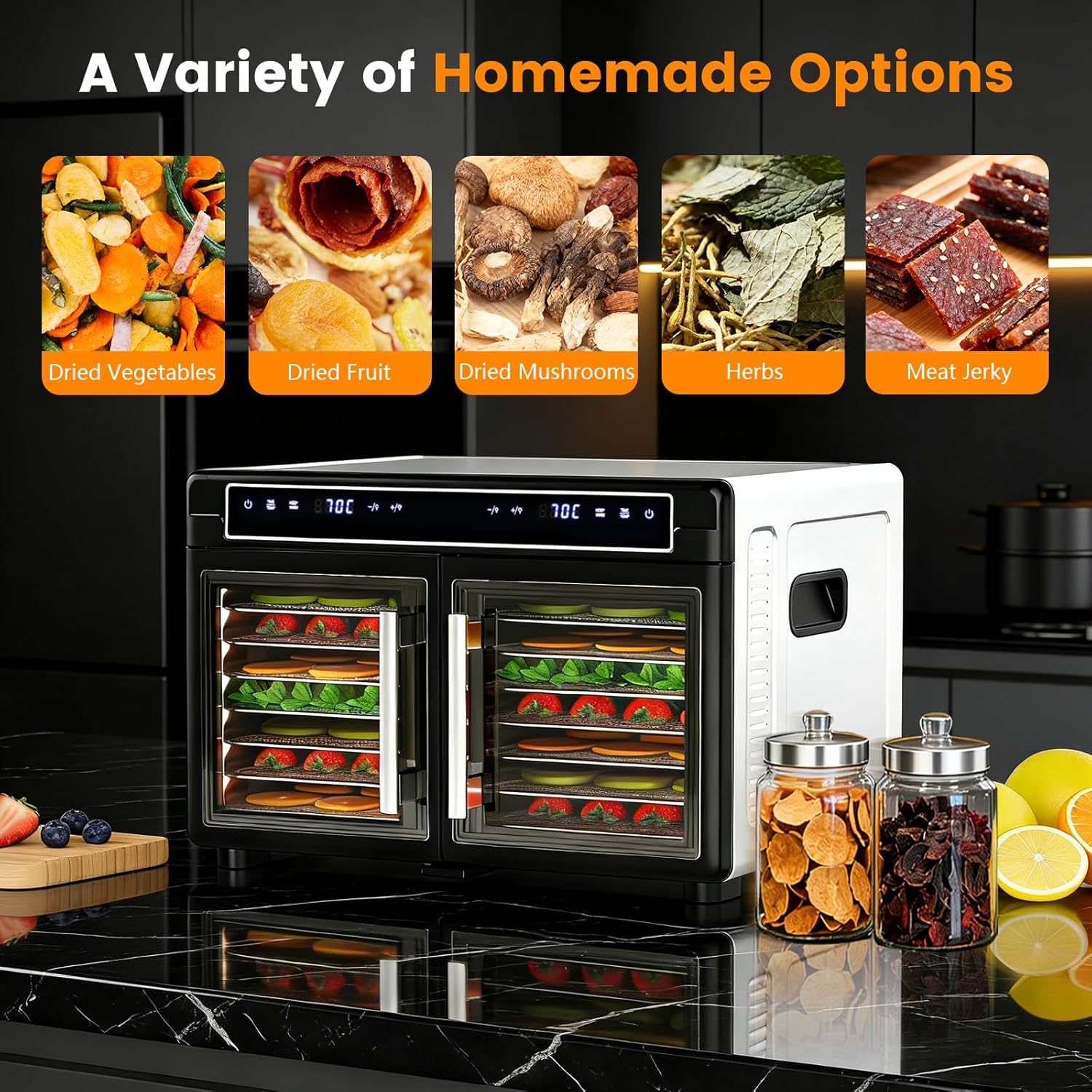 Modern Food Dehydrator with Dual Chamber Design – 16 Stainless Steel Tray Meat Dehydrator