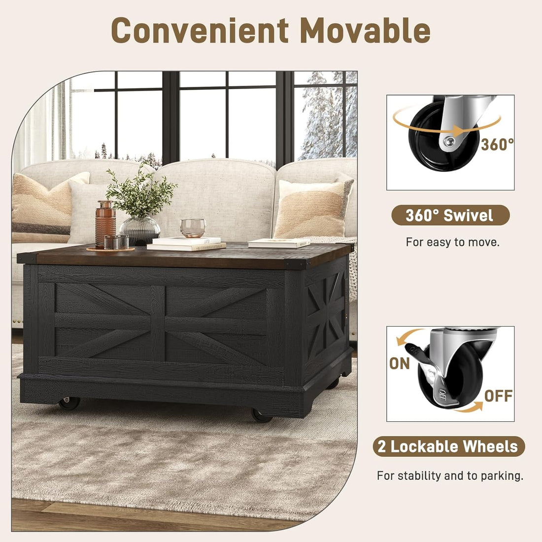 Modern Movable Lift Top Coffee Table with Power Outlets & Storage