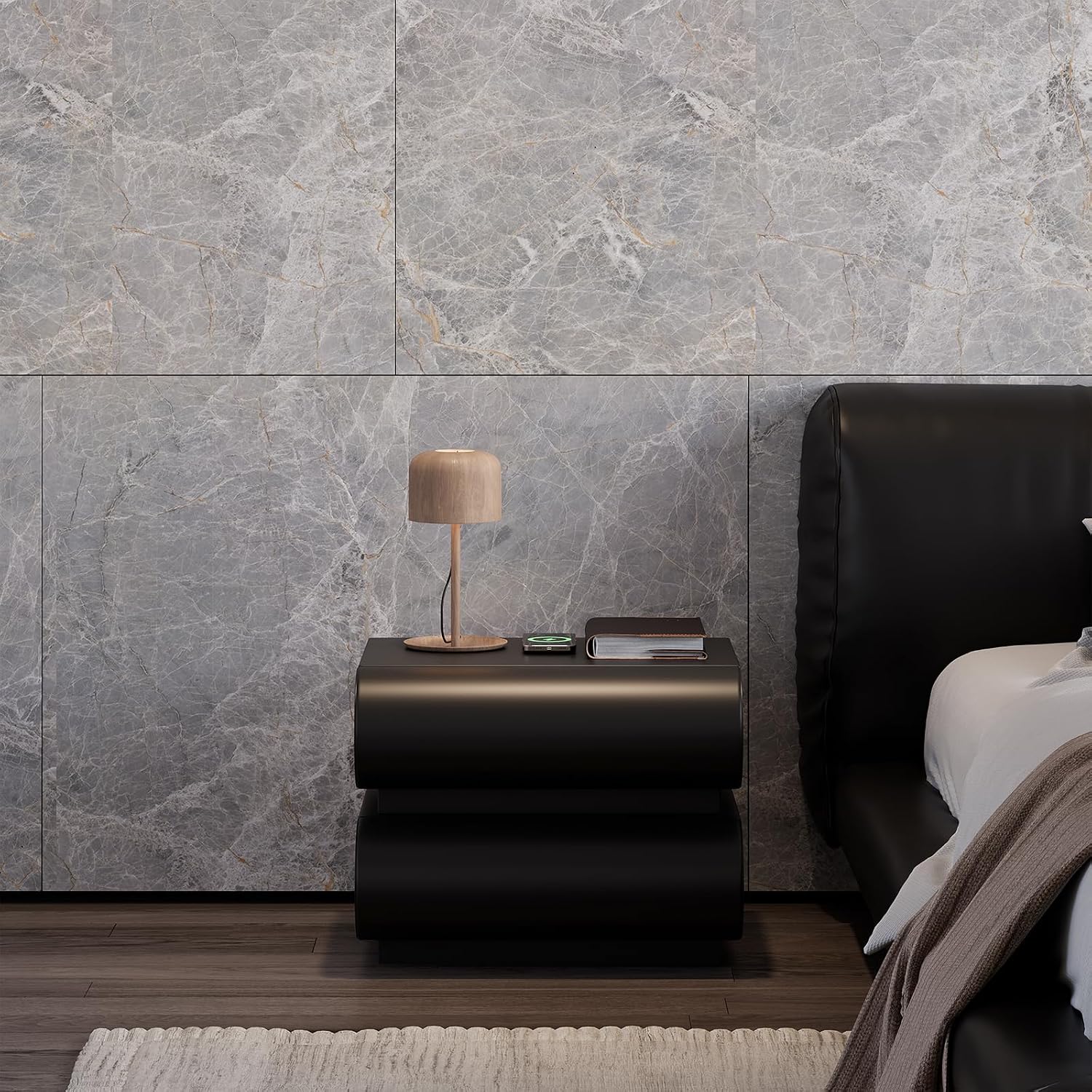 Smart Home Nightstand Modern Light Gray Leather Nightstand with Wireless Charger