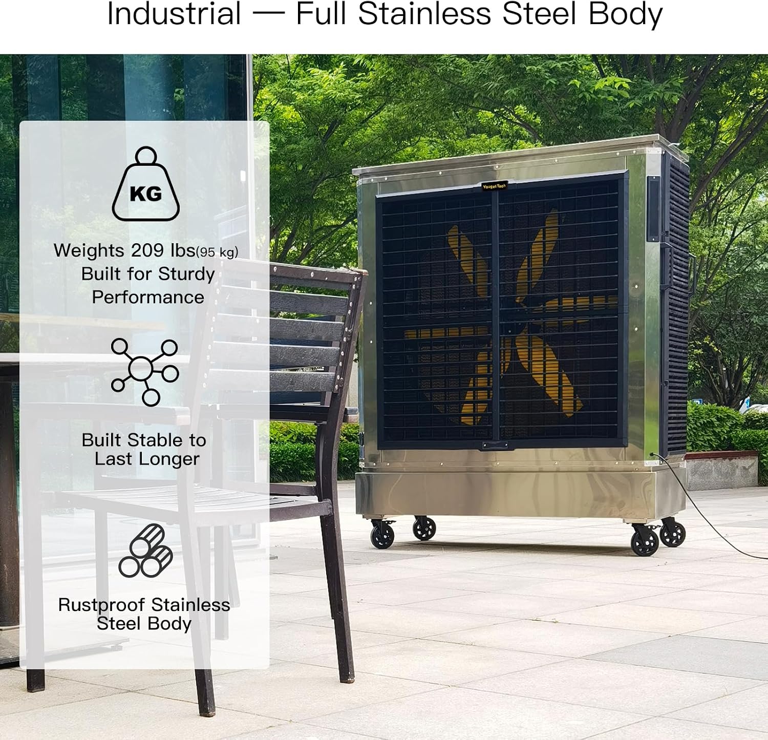 An industrial full stainless steel air cooler on wheels, shown outdoors next to a bench with a feature callout overlay on the left.