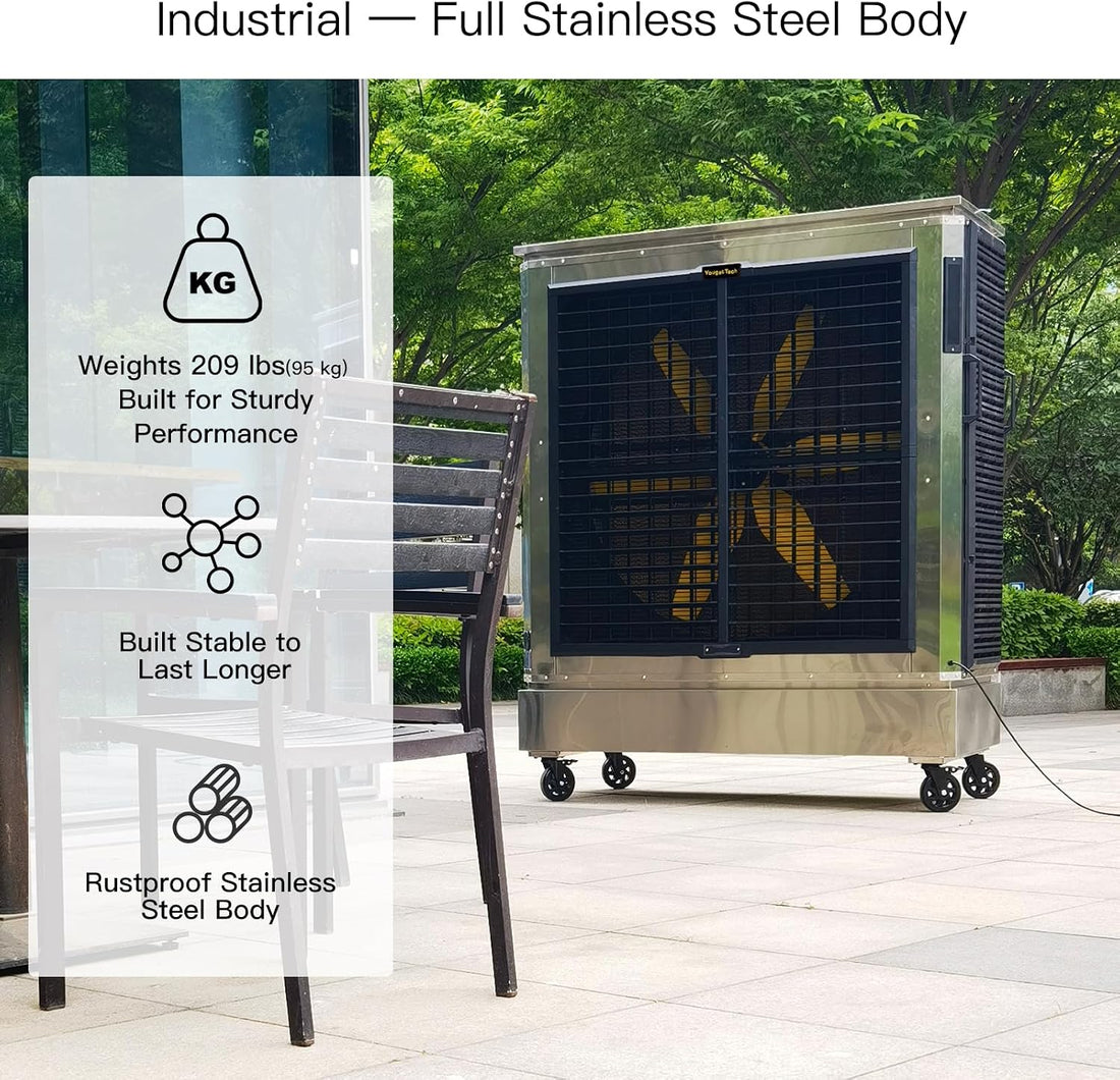 An industrial full stainless steel air cooler on wheels, shown outdoors next to a bench with a feature callout overlay on the left.