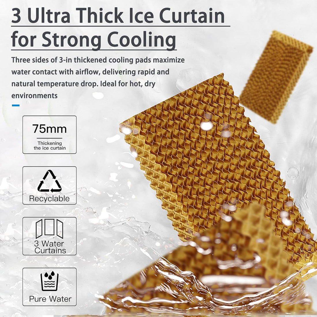 Three gold-colored 75mm ultra-thick ice curtains shown with water droplets on a white background, featuring promotional text and icons for recyclability, pure water, and cooling performance.