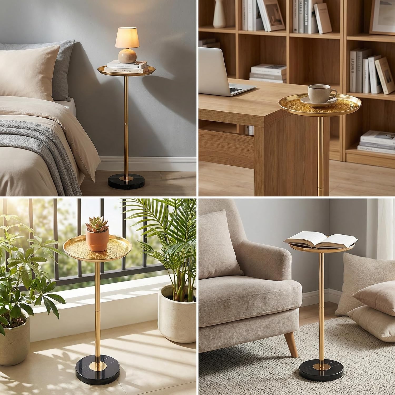 Collage of a gold side table in various settings including a bedroom, office, and living room.