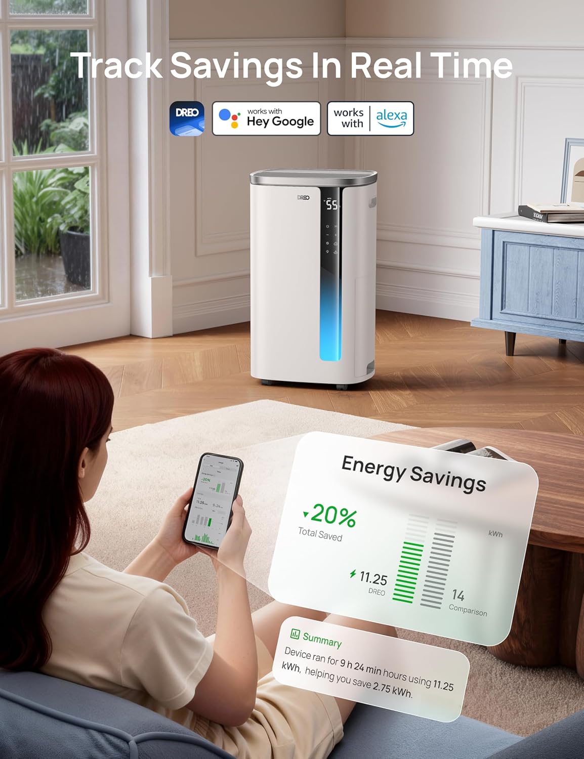 Max 95 Pint Smart Dehumidifier Quiet 41dB Operation & Auto Humidity Control