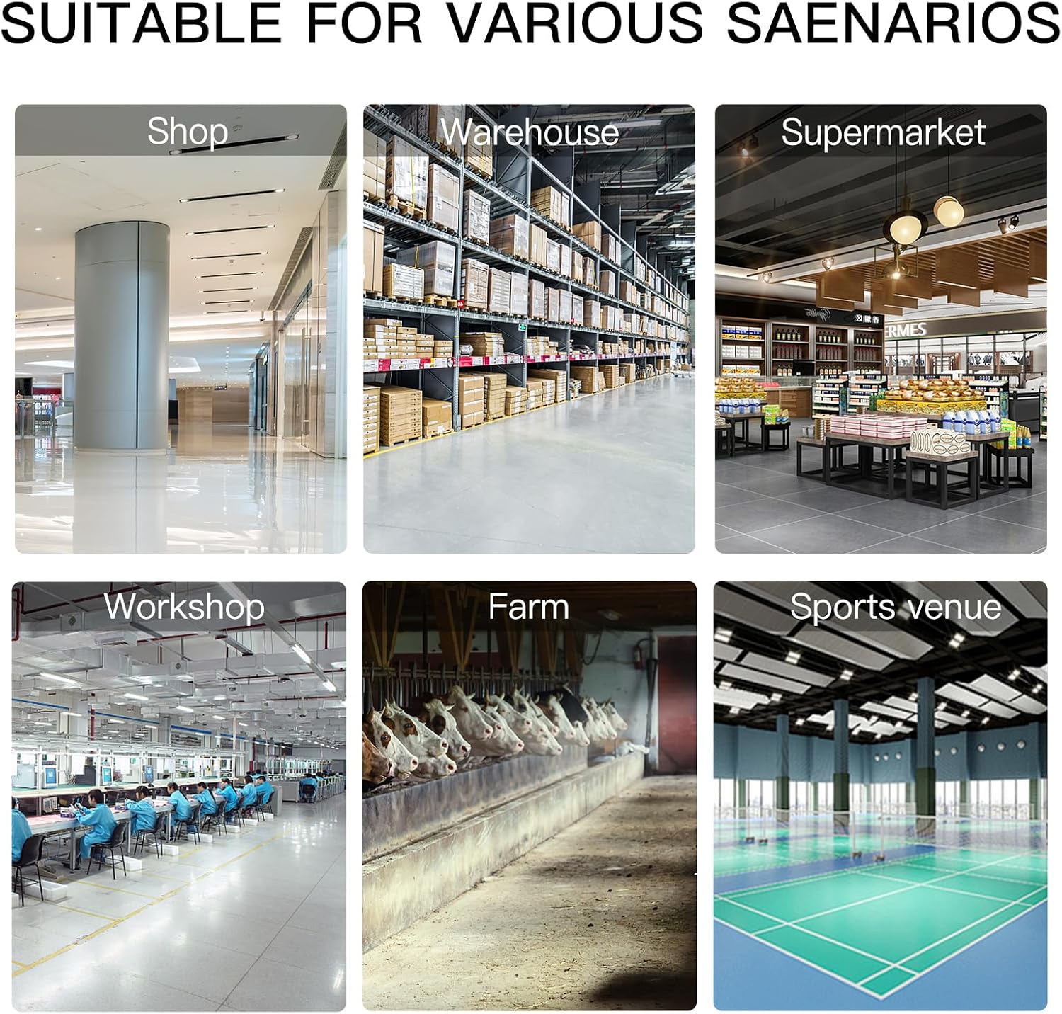 A collage of six labeled warehouse and commercial interior scenes under the heading 'SUITABLE FOR VARIOUS SAENARIOS,' showing Shop, Warehouse, Supermarket, Workshop, Farm, and Sports venue environments.