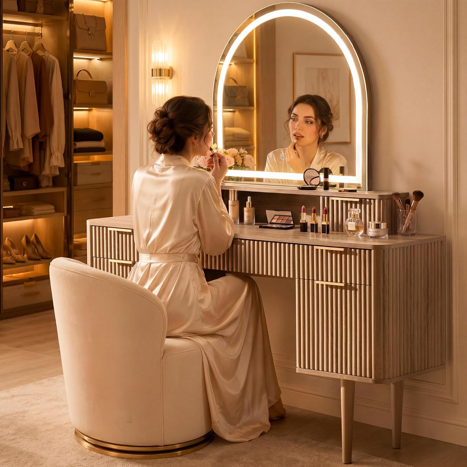 New Fluted Vanity with Arched Mirror – 55.7" Makeup Vanity Table with 7 Drawers & Adjustable LED Lights