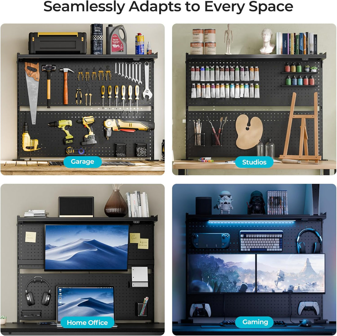 Luxe Pegboard with Dual Monitor Stand – Steel Desk Organizer & Privacy Panel for Gaming/Office Setup