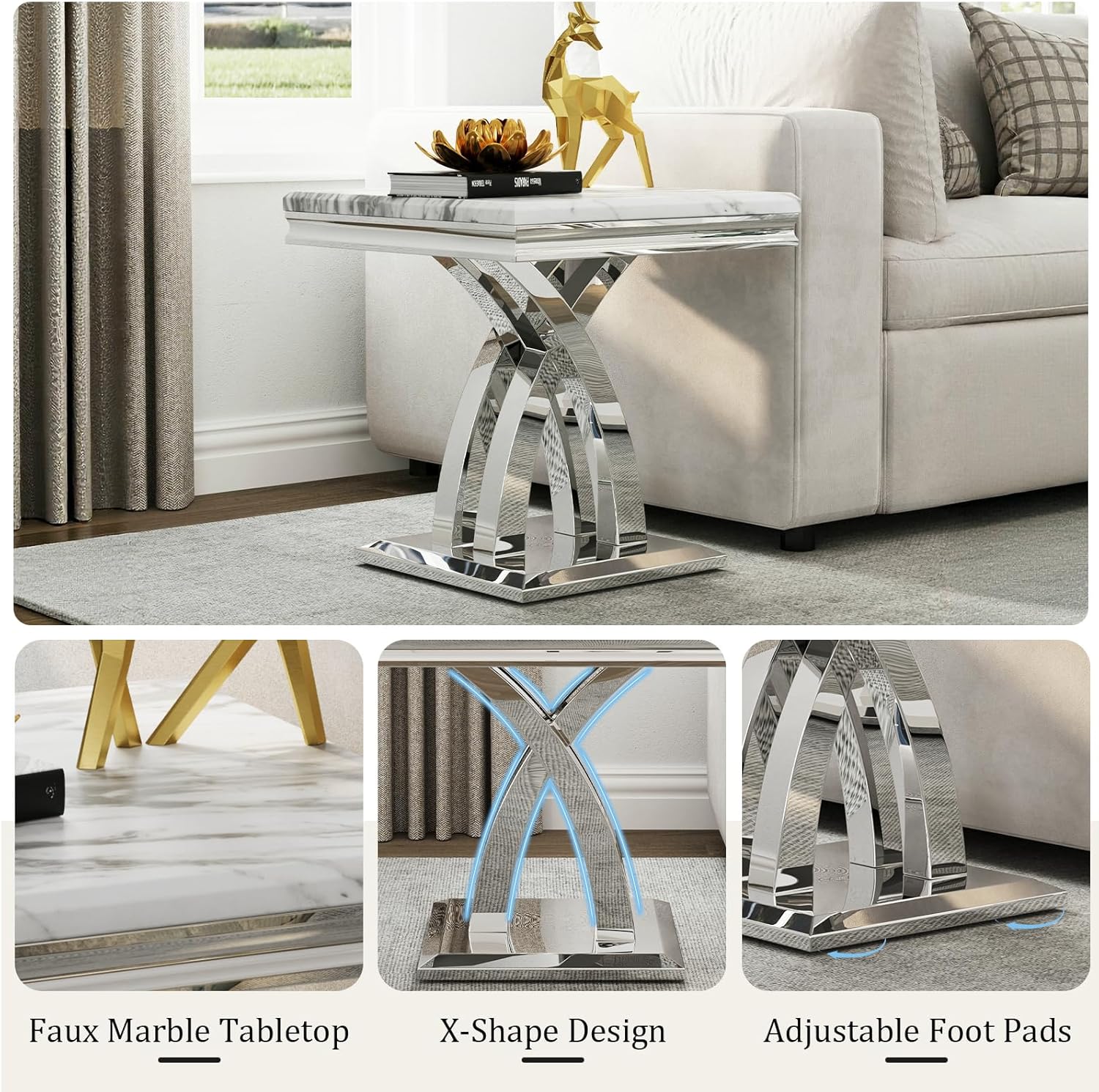 Premium Silver End Table X Base Living Room Luxury