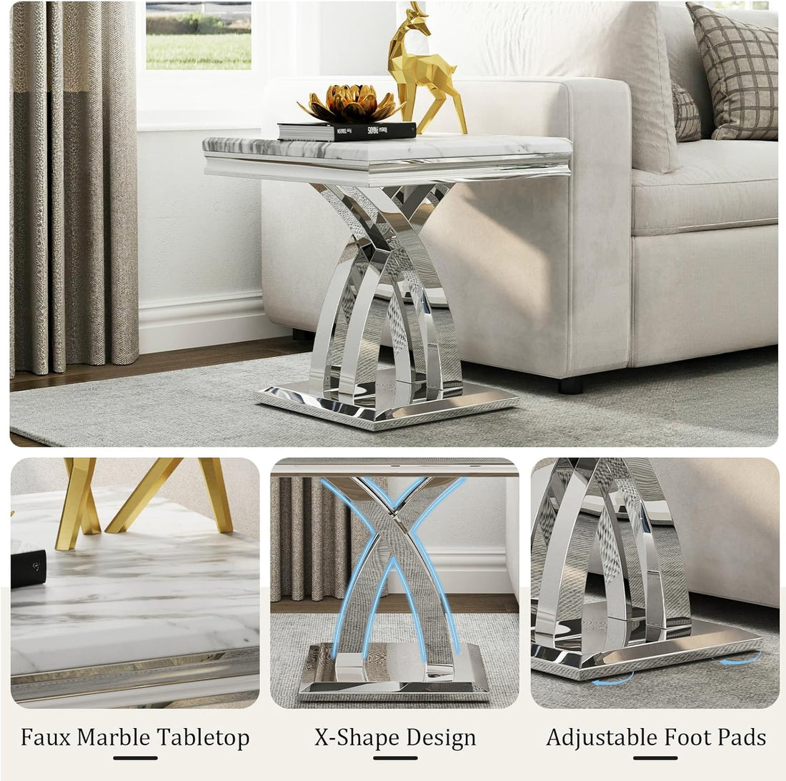 Premium Silver End Table X Base Living Room Luxury