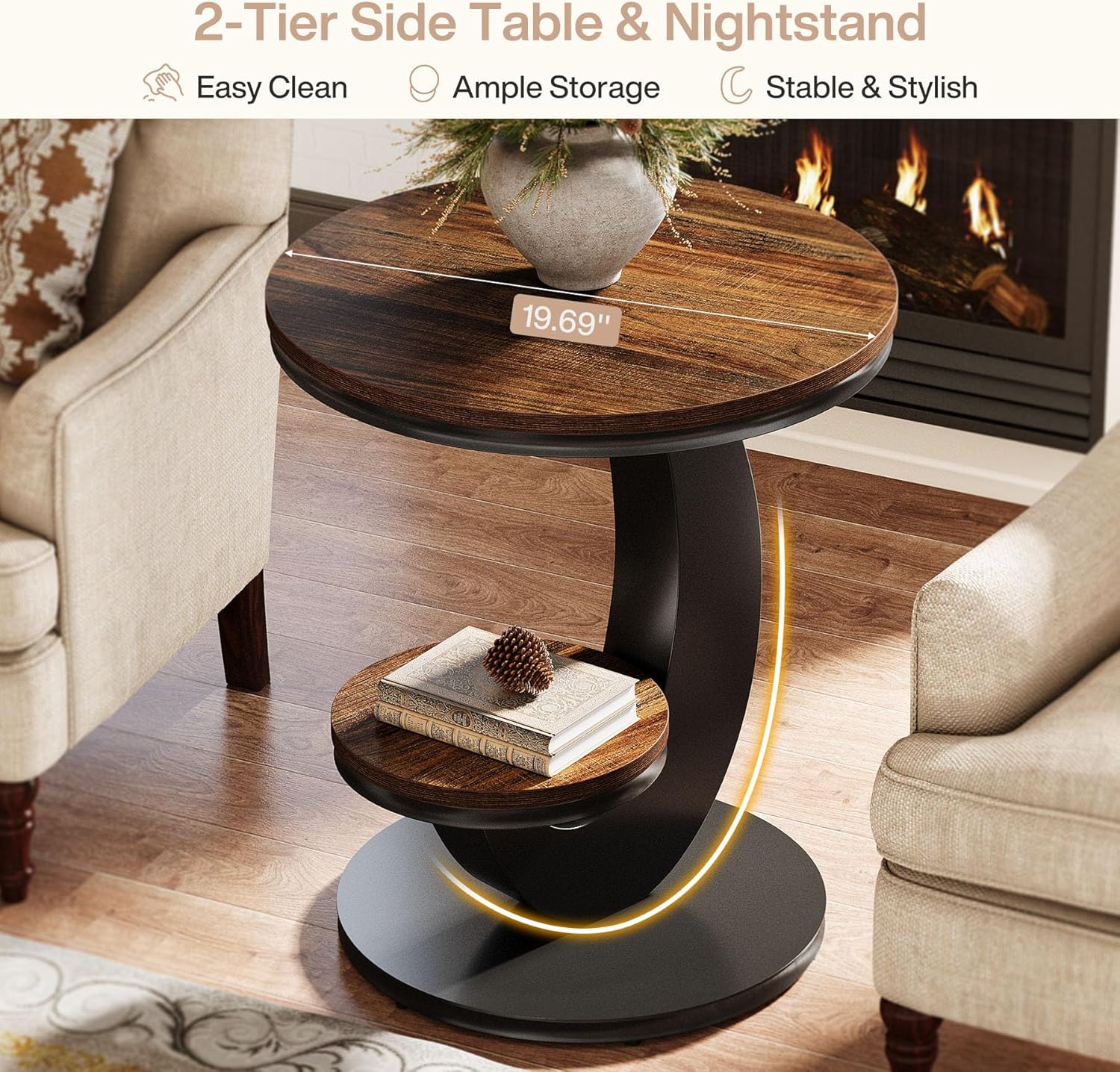 Two-tier side table and nightstand in a living room setting with a fireplace.