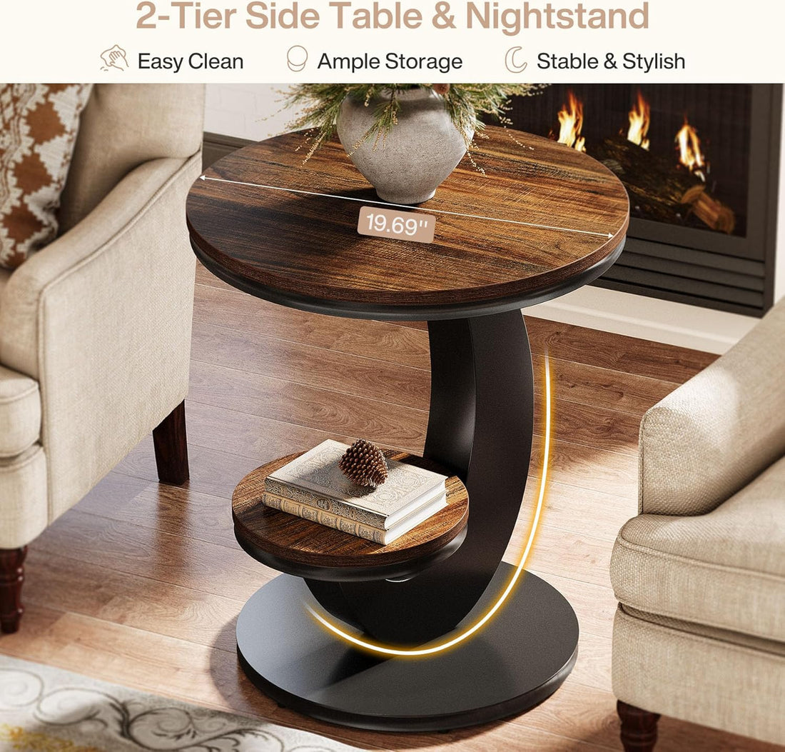 Two-tier side table and nightstand in a living room setting with a fireplace.