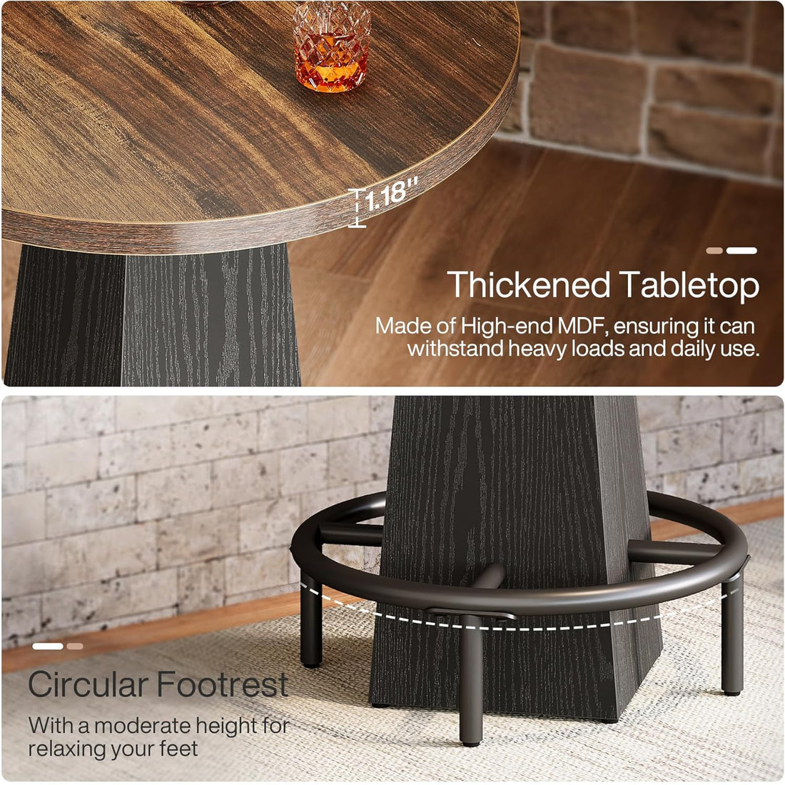 Bar Table, 37.4" High round Pub Table for Small Bars, Dining Room, Kitchen, Brown and Black (Only Table)