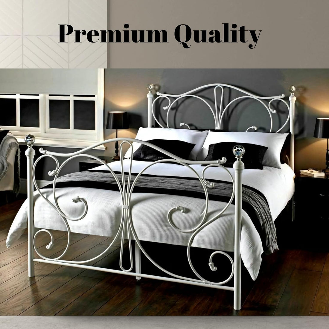 – 4Ft6 Double Metal Bed Frame with Luxurious Crystal Finials – Easy Assembly - Solid Double Metal Bed Frames with Sprung Slats – Additional Metal Support Legs