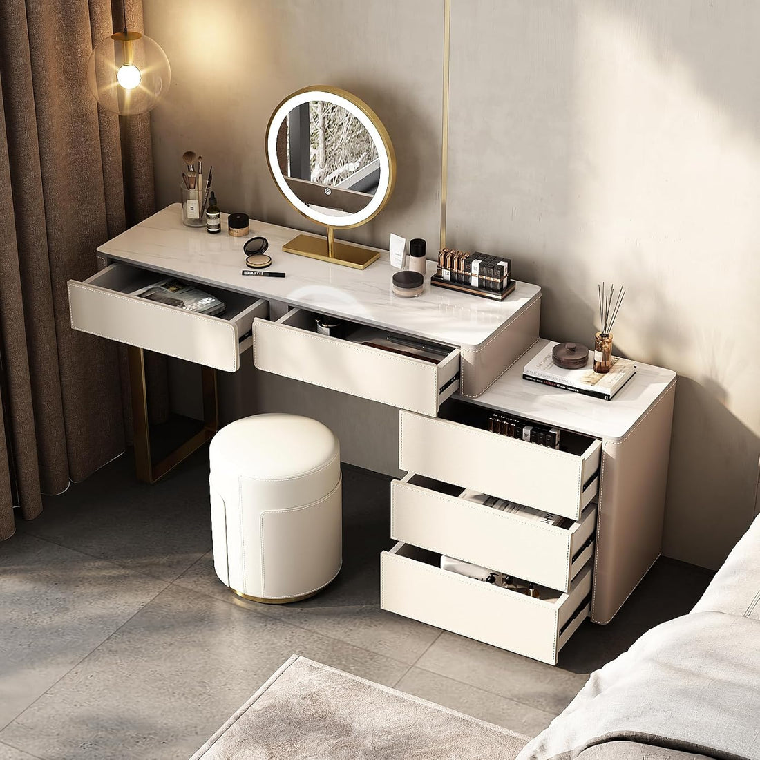 Vintage Makeup Vanity Desk Set LED Mirror – Luxury Dressing Table with Storage