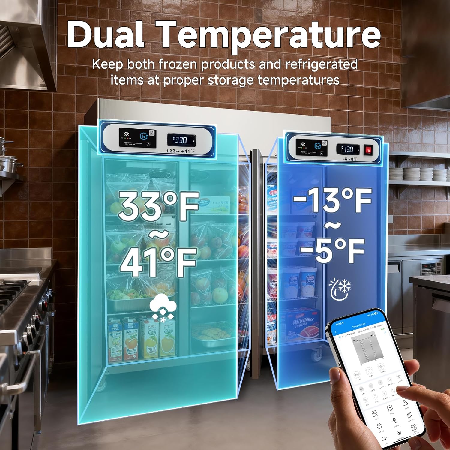 Dual temperature refrigerator with digital display and smartphone app control in a kitchen setting.