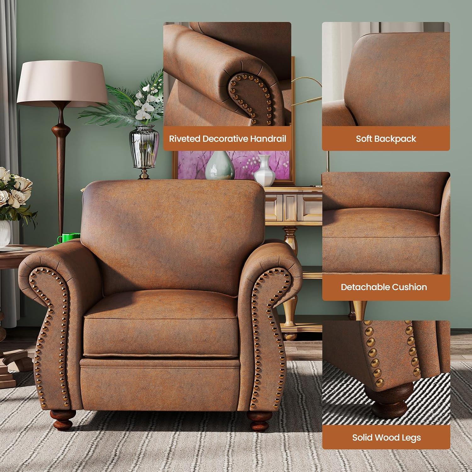 Luxe Upholstered Armchair – Rustic Single Sofa Chair for Living Room
