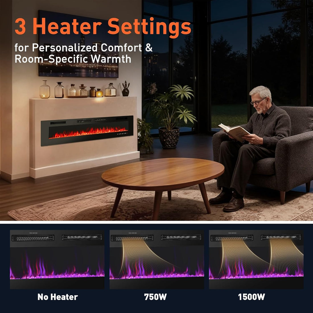 Premium Home 72-Inch Electric Fireplace – Recessed & Wall Mounted Linear Fireplace with Remote Control