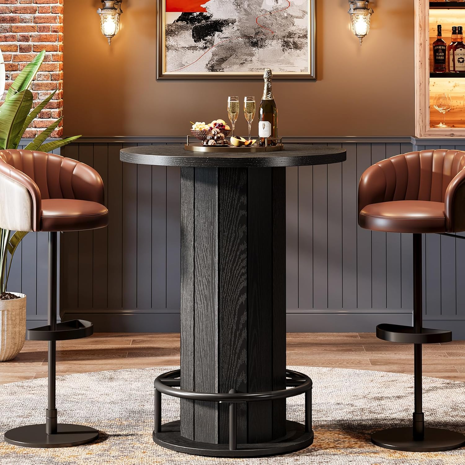 round Bar Table, 39.4" H Wood Bistro Pub Table with Metal Ring Footrest for Dining Coffee Cocktail Living Room, Small Space, Black (Only Table)