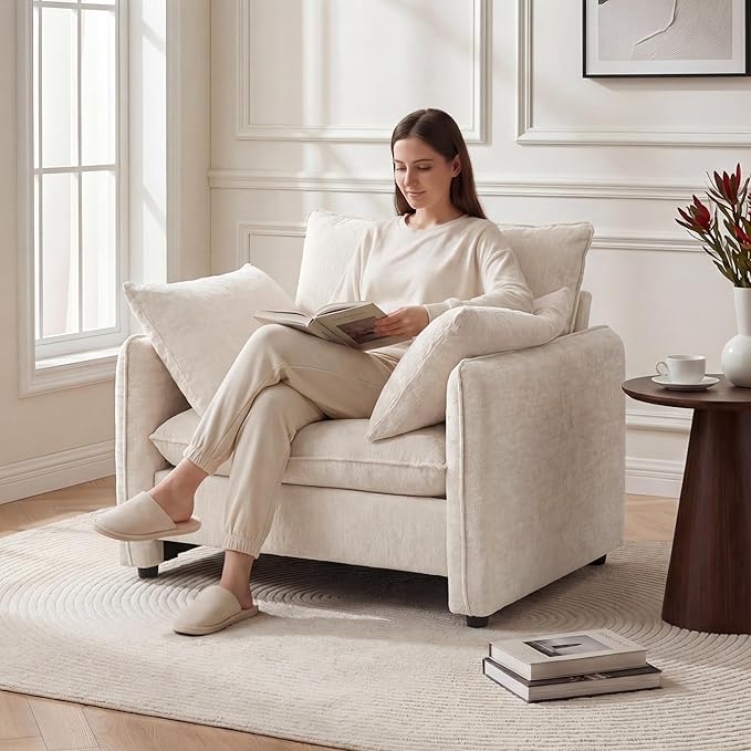 Accent Chair 42.1” Upholstered Modern Single Armchair – Ergonomic Backrest with 2 Pillows, Contemporary Piping Lounge Chai