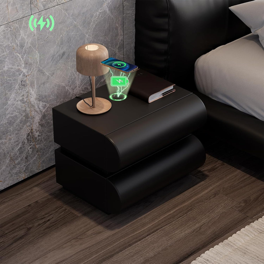 Smart Home Nightstand Modern Light Gray Leather Nightstand with Wireless Charger