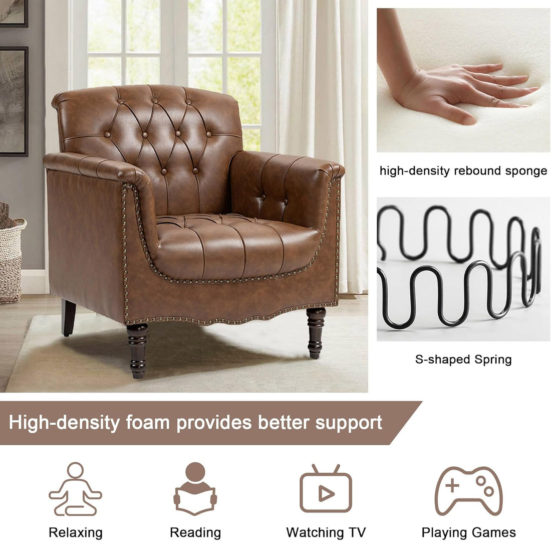 Brown leather armchair with high-density foam support features and hand holding a sponge.