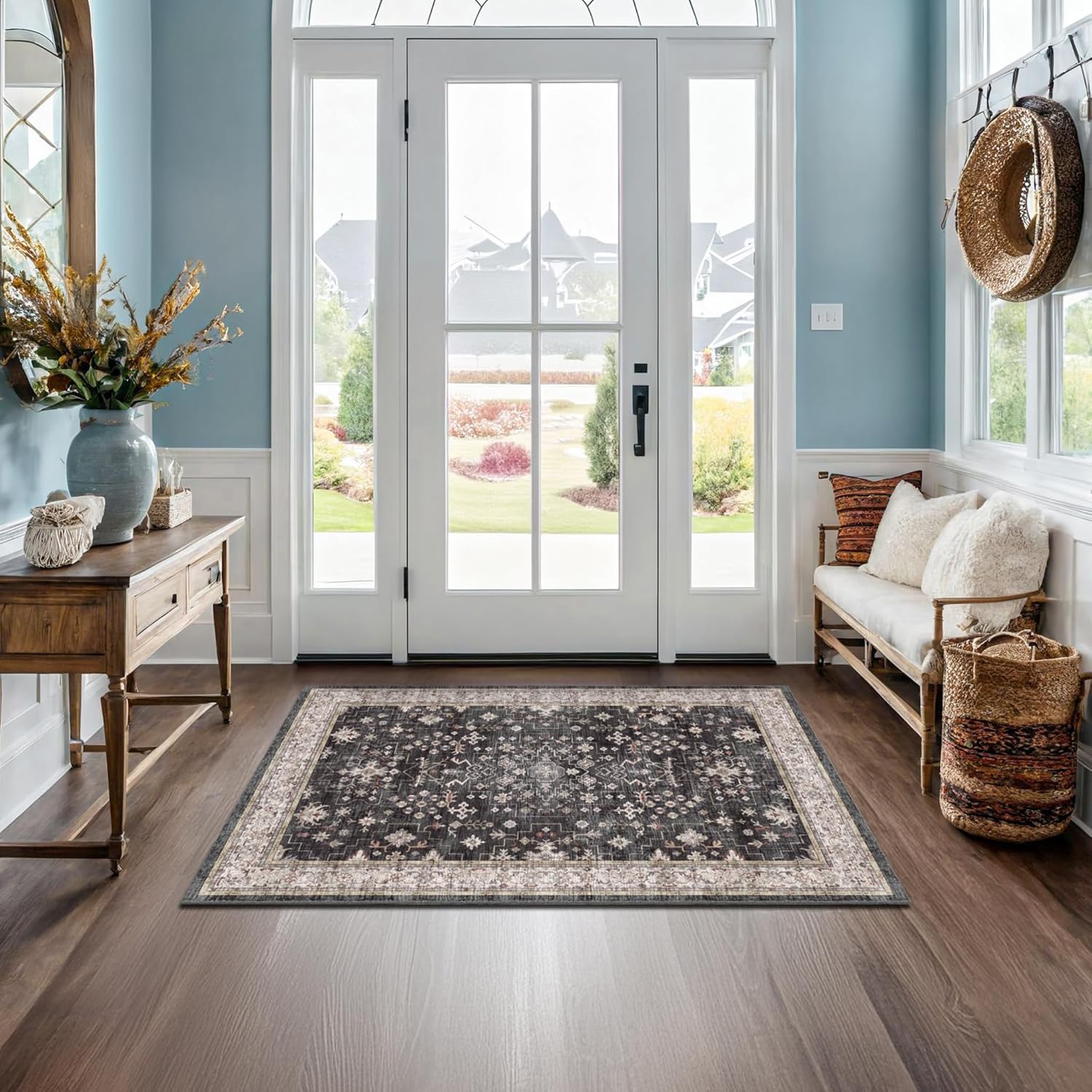 Modern Black Rug for Living Room - Washable Non-Slip & Stain Resistance