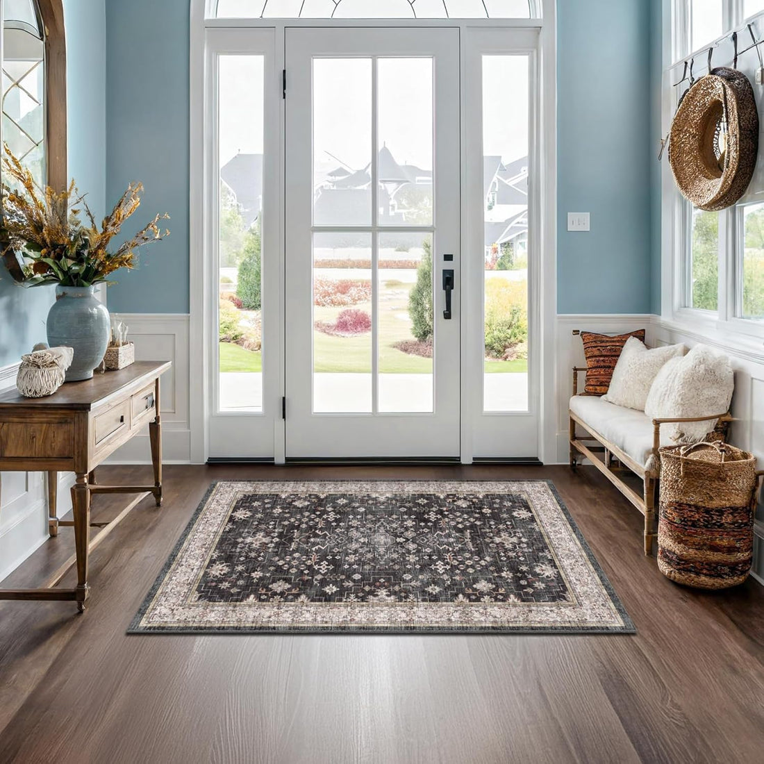Modern Black Rug for Living Room - Washable Non-Slip & Stain Resistance