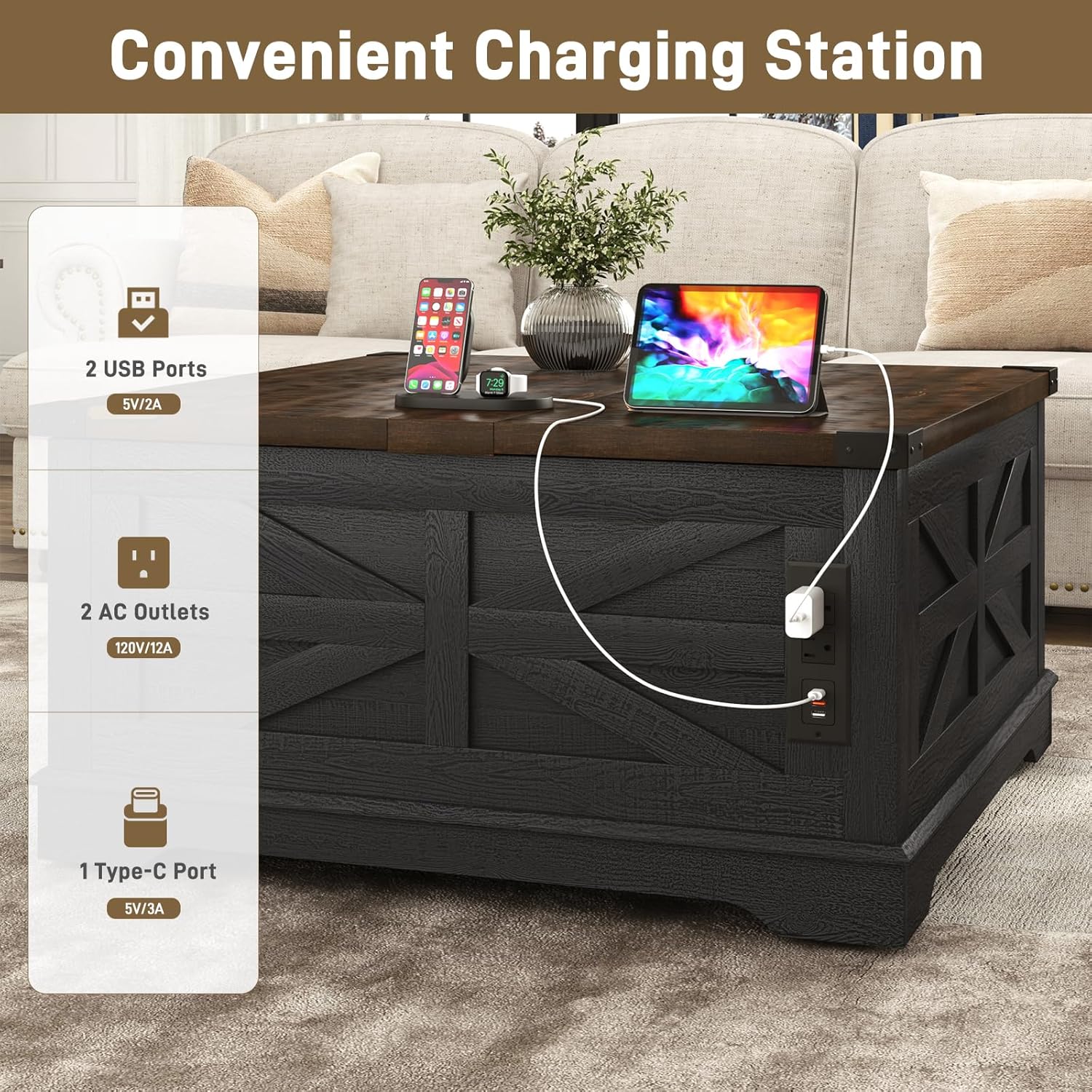 Modern Movable Lift Top Coffee Table with Power Outlets & Storage